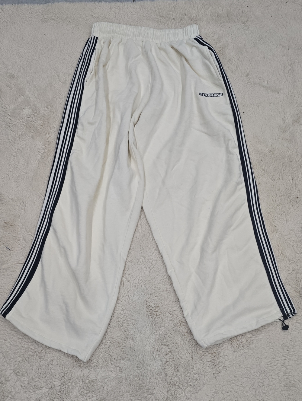 Women's White Wide-Leg Track Pants with Navy Side Stripes